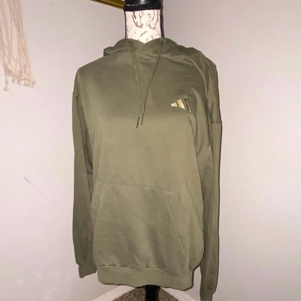 adidas Mens S Green Solid Fleece Pullover Hoodie Logo Drawstring Pockets
